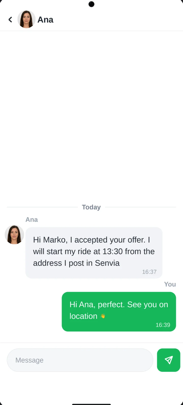 Senvia aplikacija, chat za dogovor cijene i primopredaje paketa