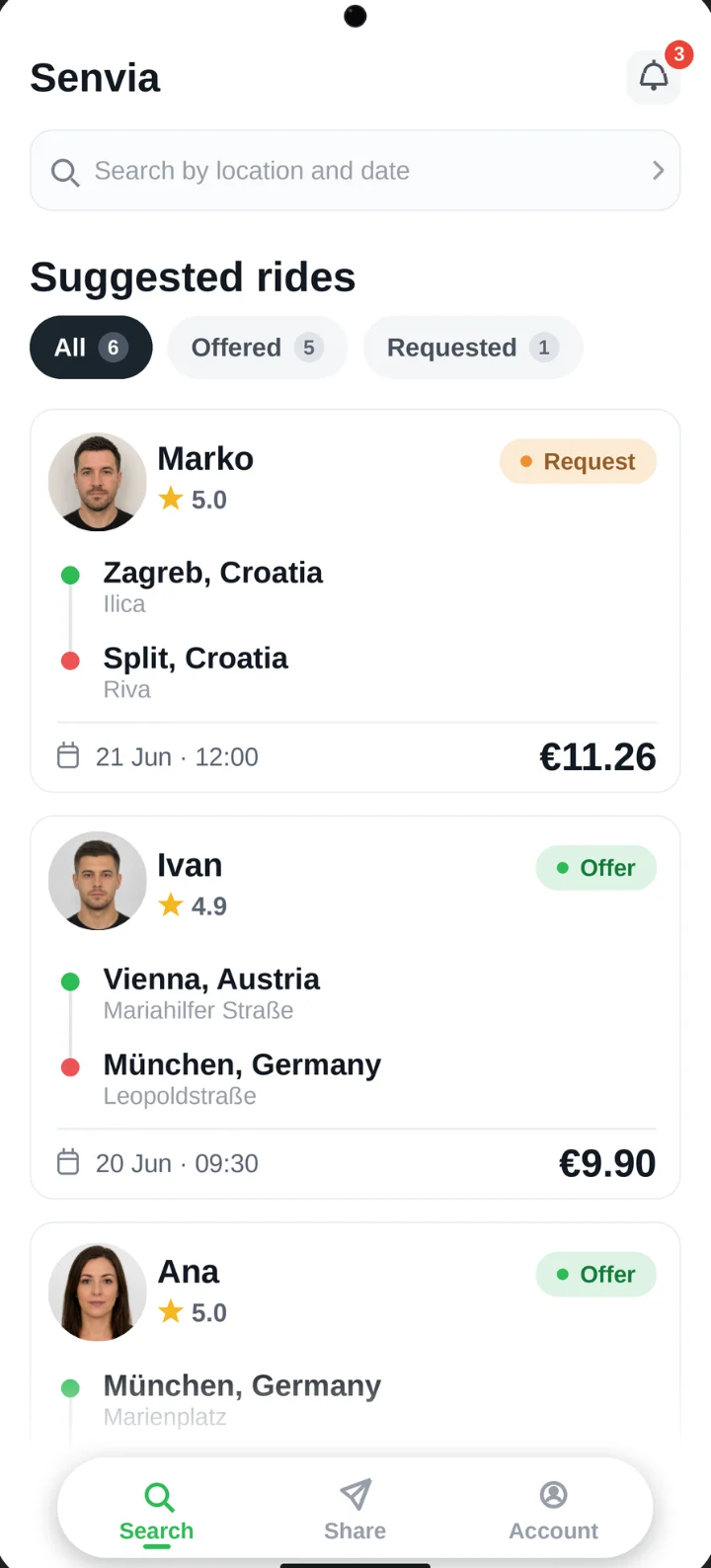 Senvia aplikacija, pregled dostupnih vožnji za slanje paketa